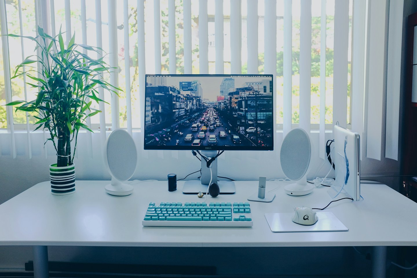 Schreibtisch mit Computereinrichtung, Monitor, Tastatur und Pflanze auf weißem Schreibtisch.